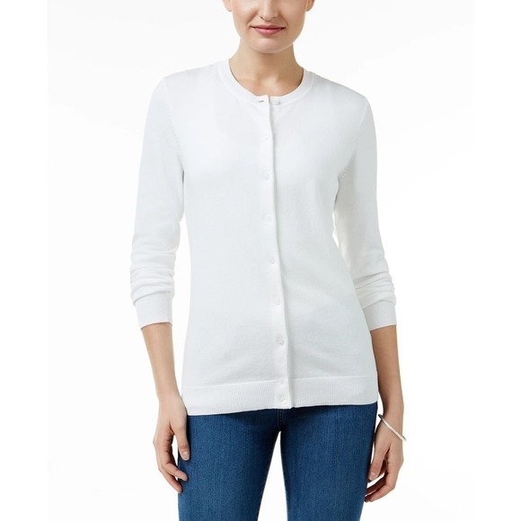 Karen Scott Petite Button-Front Cardigan Bright White PM - Picture 1 of 2